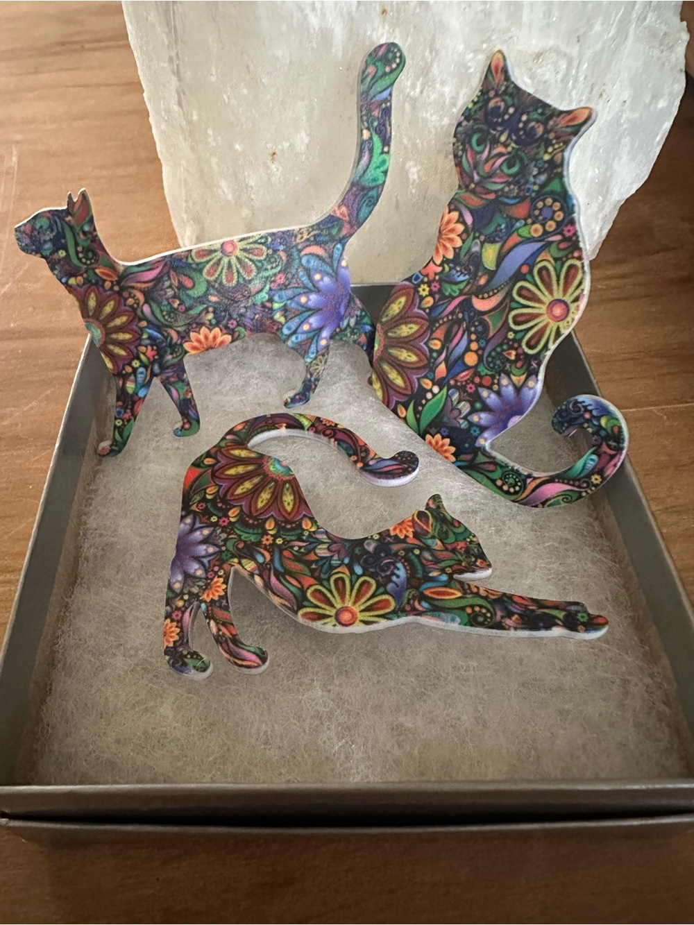 Set of three multicolor  acrylic cat pins new in packaging. Gorgeous!